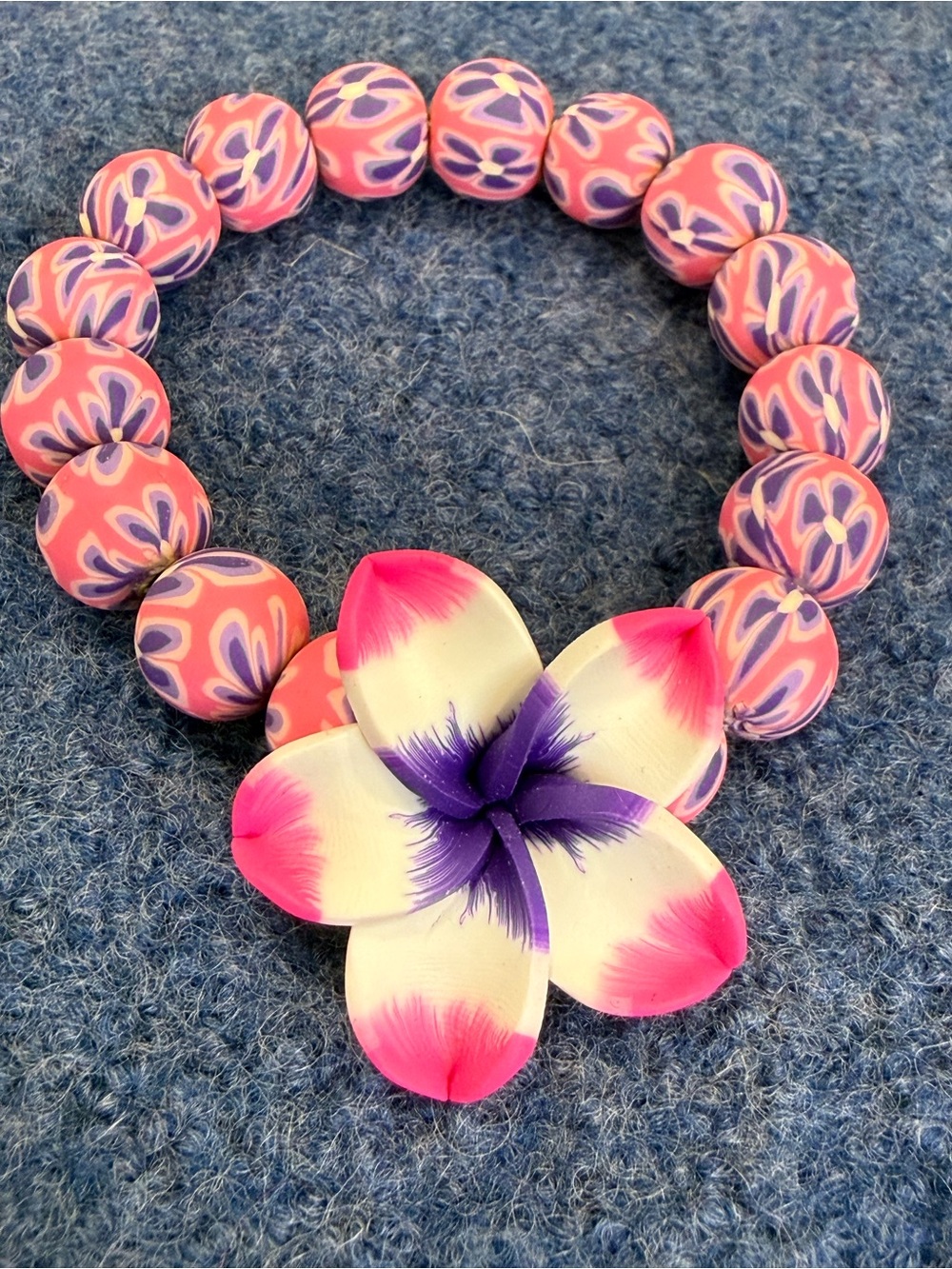 Tropical floral charm beaded stretch bracelet pink purple